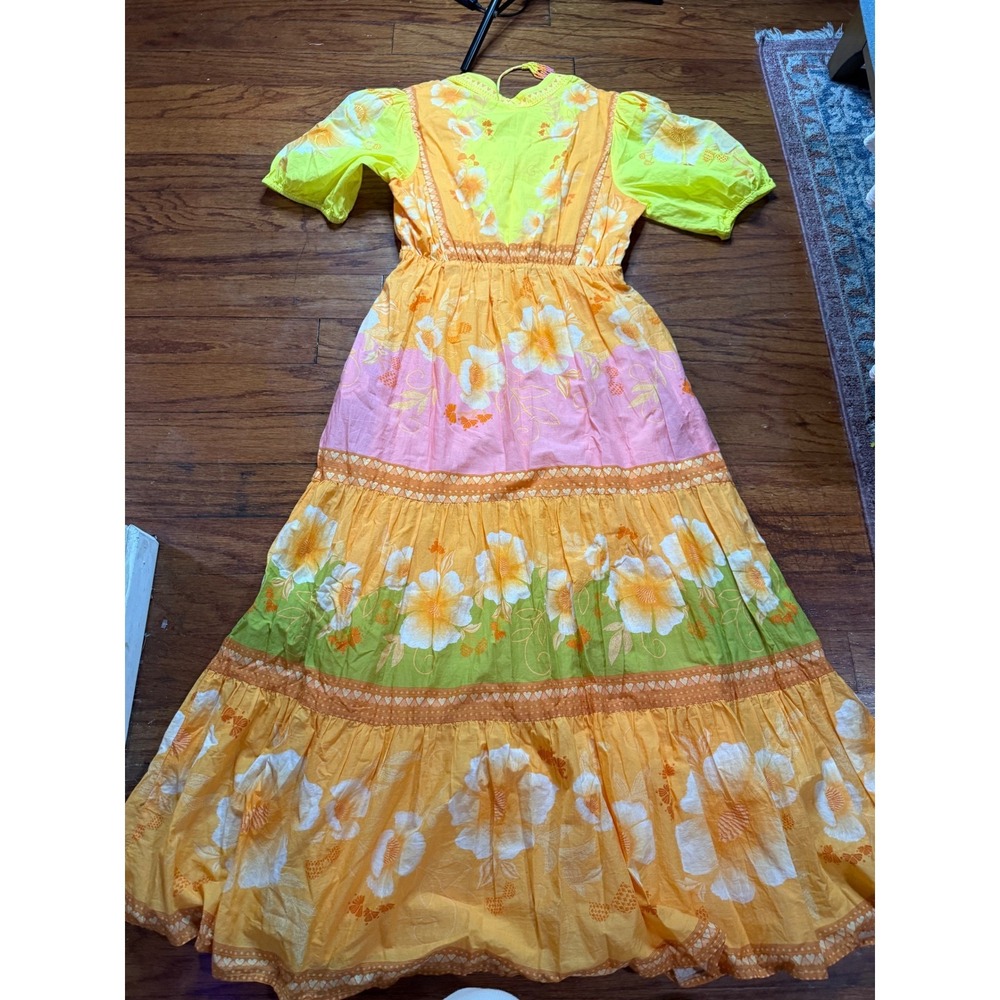 Farm Rio for Anthropologie Floral Tiered Maxi Dress Yellow Orange Pink Size M